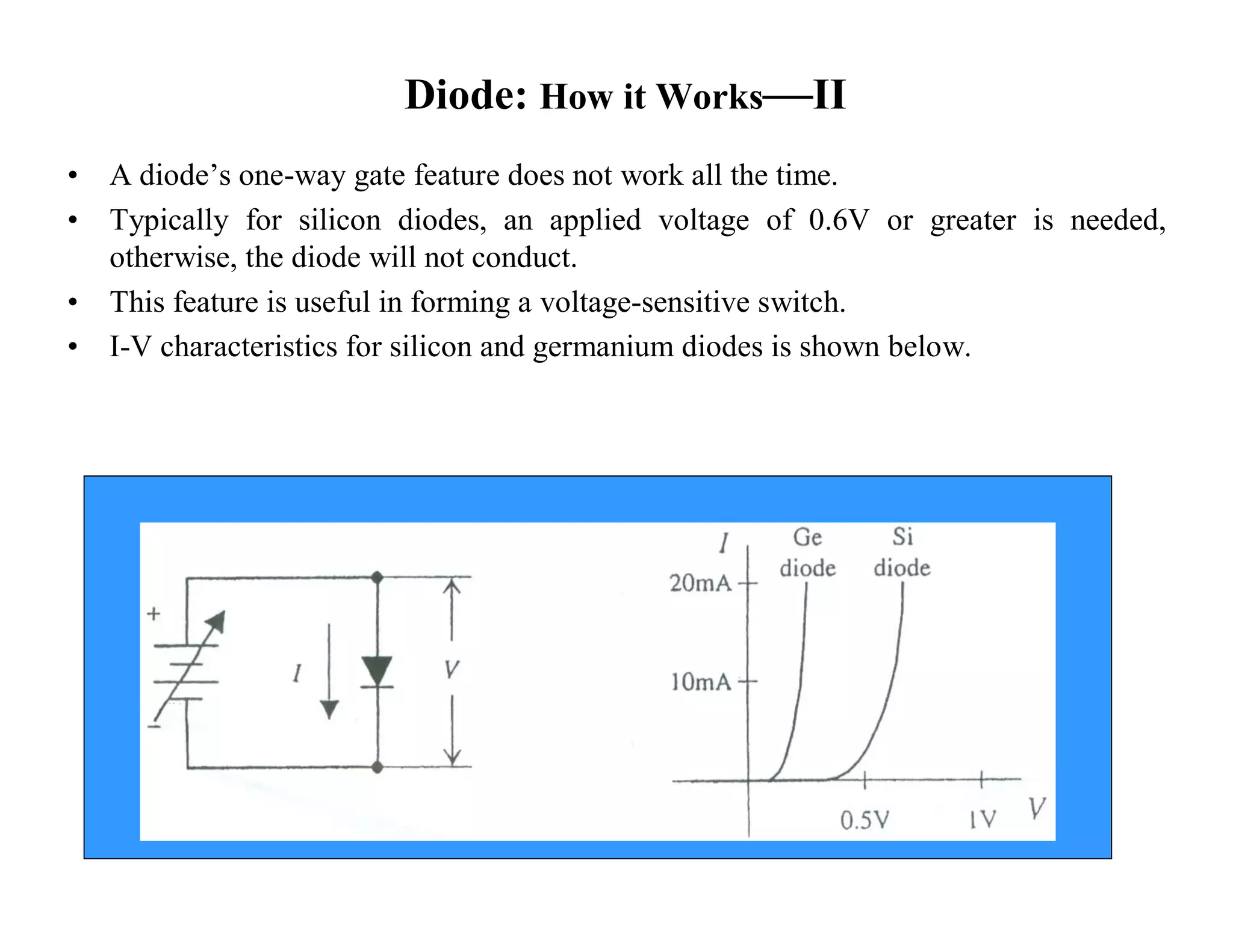 Diode: How it Works—II
• A diode’s one-way gate feature does not work all the time.
• Typically for silicon diodes, an applied voltage of 0.6V or greater is needed,
otherwise, the diode will not conduct.
• This feature is useful in forming a voltage-sensitive switch.
• I-V characteristics for silicon and germanium diodes is shown below.
 