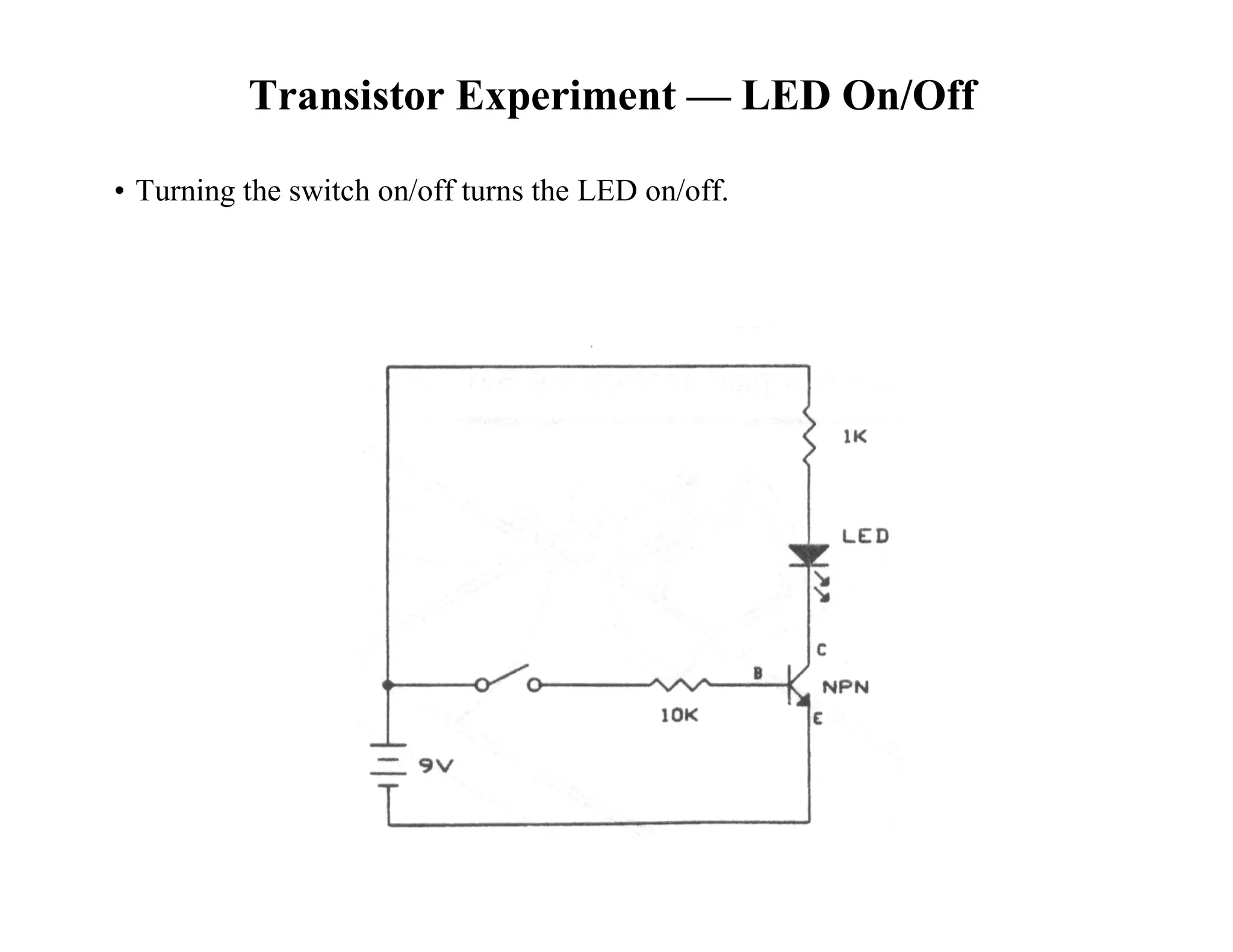 Transistor Experiment — LED On/Off
• Turning the switch on/off turns the LED on/off.
 