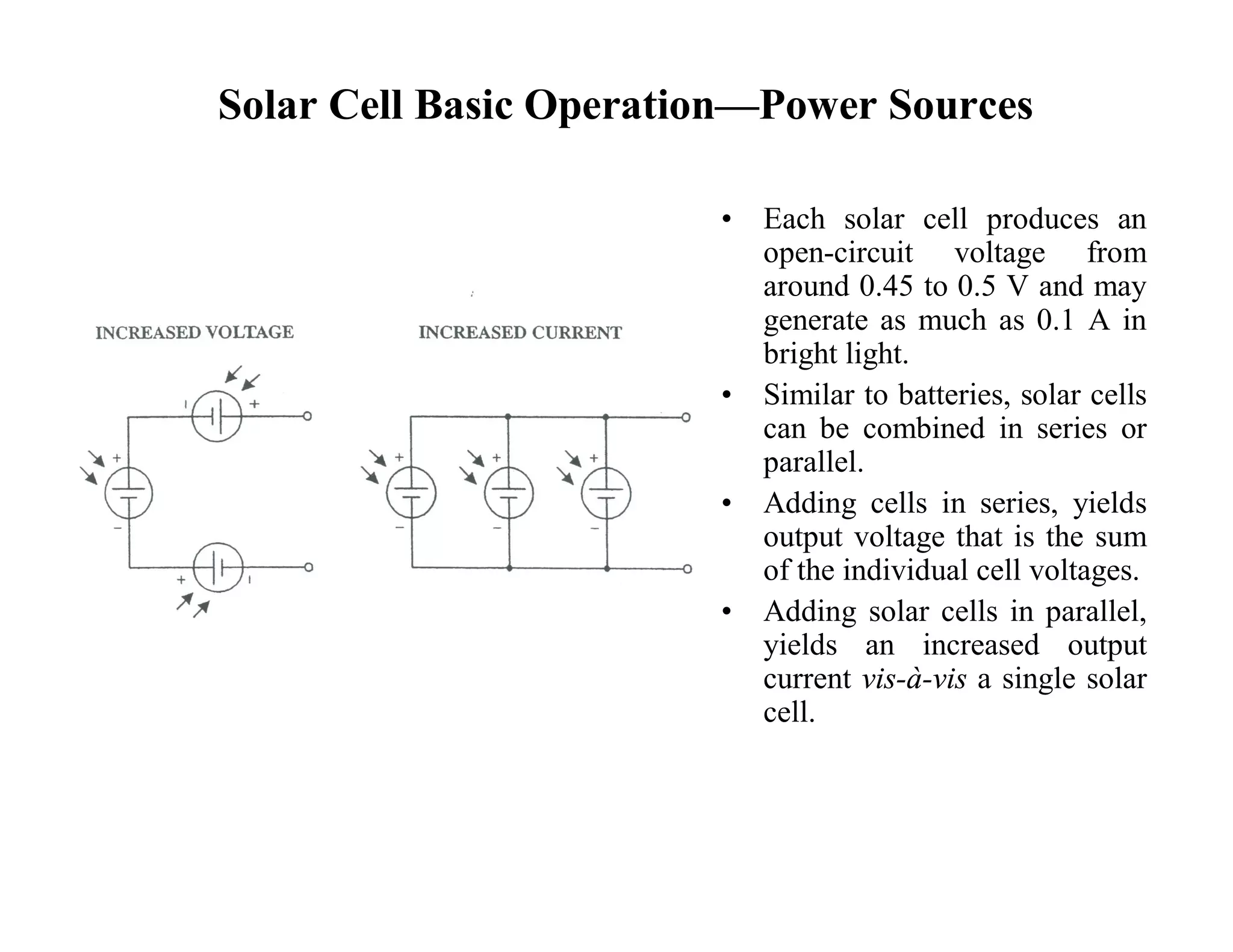 Solar Cell Basic Operation—Power Sources
• Each solar cell produces an
open-circuit voltage from
around 0.45 to 0.5 V and may
generate as much as 0.1 A in
bright light.
• Similar to batteries, solar cells
can be combined in series or
parallel.
• Adding cells in series, yields
output voltage that is the sum
of the individual cell voltages.
• Adding solar cells in parallel,
yields an increased output
current vis-à-vis a single solar
cell.
 