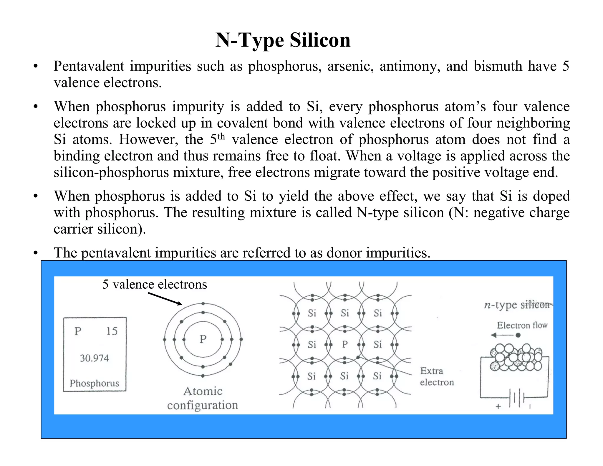 N-Type Silicon
• Pentavalent impurities such as phosphorus, arsenic, antimony, and bismuth have 5
valence electrons.
• When phosphorus impurity is added to Si, every phosphorus atom’s four valence
electrons are locked up in covalent bond with valence electrons of four neighboring
Si atoms. However, the 5th valence electron of phosphorus atom does not find a
binding electron and thus remains free to float. When a voltage is applied across the
silicon-phosphorus mixture, free electrons migrate toward the positive voltage end.
• When phosphorus is added to Si to yield the above effect, we say that Si is doped
with phosphorus. The resulting mixture is called N-type silicon (N: negative charge
carrier silicon).
• The pentavalent impurities are referred to as donor impurities.
5 valence electrons
 