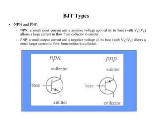 BJT Types
• NPN and PNP.
– NPN: a small input current and a positive voltage applied @ its base (with VB>VE)
allows a large current to flow from collector to emitter.
– PNP: a small output current and a negative voltage @ its base (with VB<VE) allows a
much larger current to flow from emitter to collector.
 