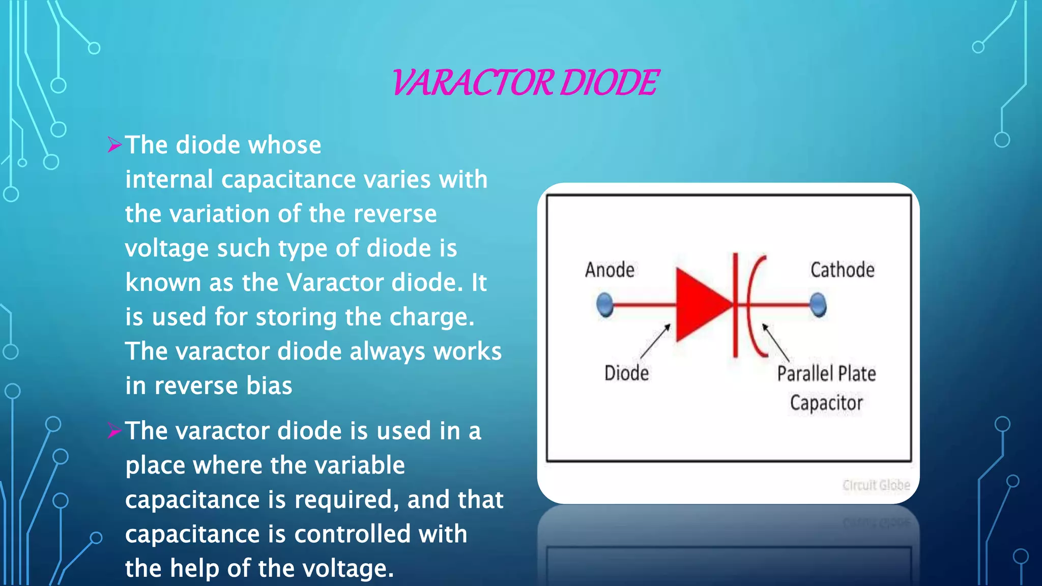VARACTORDIODE
The diode whose
internal capacitance varies with
the variation of the reverse
voltage such type of diode is
known as the Varactor diode. It
is used for storing the charge.
The varactor diode always works
in reverse bias
The varactor diode is used in a
place where the variable
capacitance is required, and that
capacitance is controlled with
the help of the voltage.
 