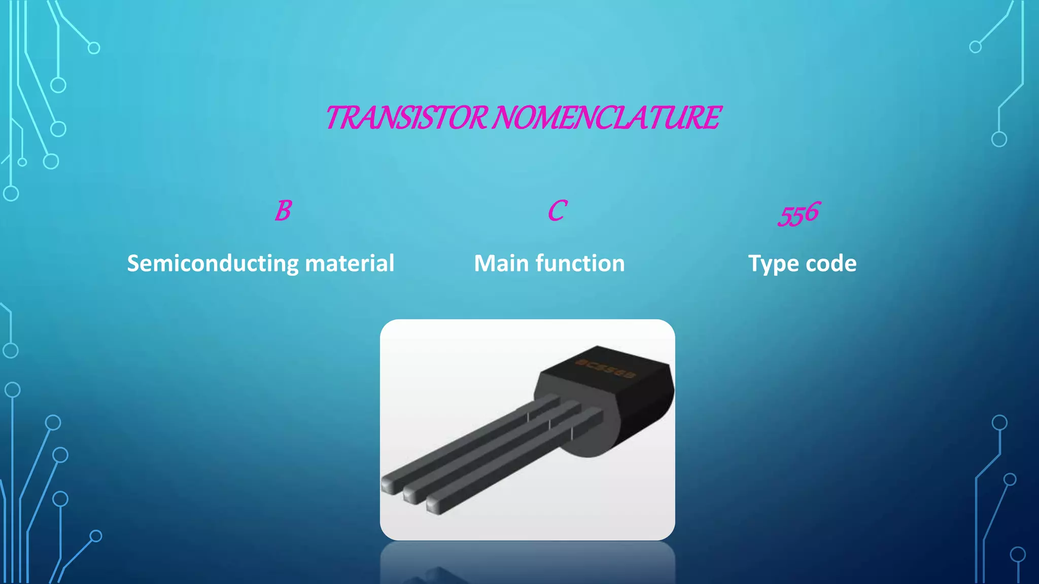 TRANSISTORNOMENCLATURE
B C 556
Semiconducting material Main function Type code
 