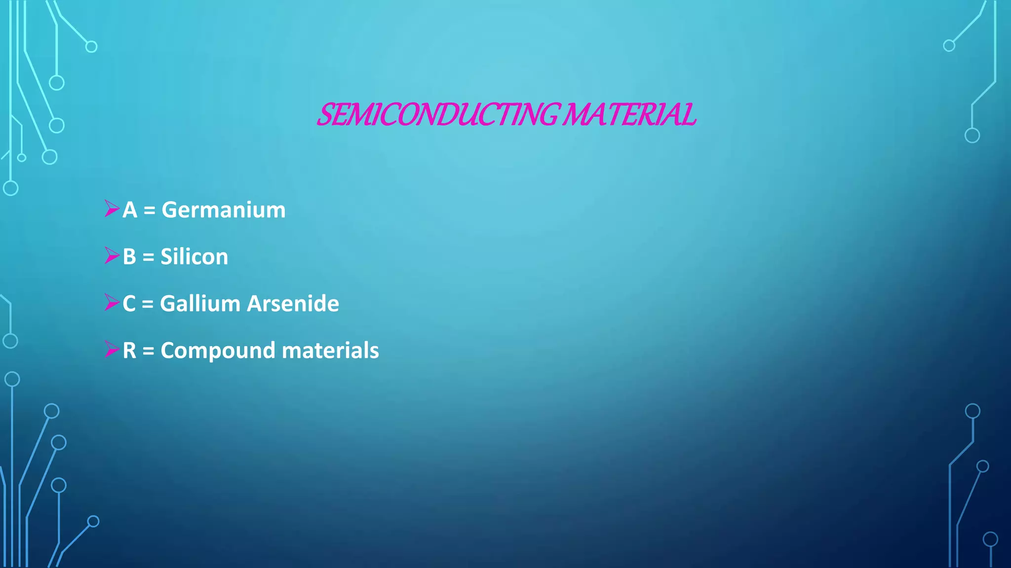 SEMICONDUCTINGMATERIAL
A = Germanium
B = Silicon
C = Gallium Arsenide
R = Compound materials
 