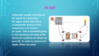 FILTERS
A Rectifier usually converts an
AC signal to a pulsating
DC signal which also has a
considerable amount of AC
component in it, known
as ripple. This is something that
is not necessary as most of the
electronic systems are driven by
pure DC. In order to remove this
ripple, filters are used.
 