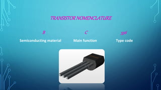 TRANSISTORNOMENCLATURE
B C 556
Semiconducting material Main function Type code
 