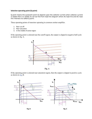 Selection operating point (Q-point)
Q point means the quiescent point its depend upon the collector current when collector current
is stable then it is stable its can be find from load line diagram where AC load line and DC load
line intersect its called Q point.
Three operating points of transistor operating in common emitter amplifier.
1. Near cut off
2. Near saturation
3. In the middle of active region
If the operating point is selected near the cutoff region, the output is clipped in negative half cycle
as shown in fig. A.
Fig. A
If the operating point is selected near saturation region, then the output is clipped in positive cycle
as shown in fig. B.
Fig. B Fig. C
 