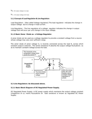 VNL =DC output voltage at no load.
VFL = DC output voltage at full load.
5.1.2 Concept of Load Regulation & Line Regulation:
Load Regulation: (Also called Voltage regulation) The load regulation indicates the change in
output voltage due to change in load current .
Line Regulation : The line regulation of a voltage regulator indicates the change in output
voltage that will occur per unit change in the input voltage.
5.1.3 Basic Zener Diode as a Voltage Regulator.
A zener diode can be used as a voltage regulator to provide a constant voltage from a source
whose voltage may vary over sufficient range.
The zener diode of zener voltage VZ is reversly connected across the load RL across which
constant output is desired . The series resistance R absorbs the output voltage fluctuations so
as to maintain constant voltage across the load.
5.2 Line Regulators: As discussed above.
5.2.1 Basic Block Diagram of DC Regulated Power Supply.
DC Regulated Power Supply: A DC power supply which maintains the output voltage constant
irrespective of a.c mains fluctuations Or load variations is known as regulated DC Power
Supply.
 
