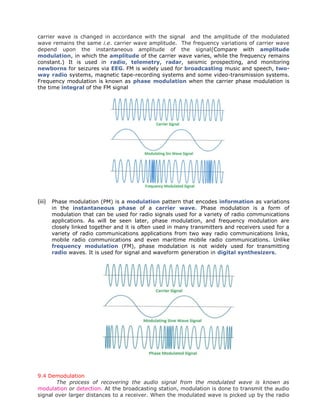 carrier wave is changed in accordance with the signal and the amplitude of the modulated
wave remains the same i.e. carrier wave amplitude. The frequency variations of carrier wave
depend upon the instantaneous amplitude of the signal(Compare with amplitude
modulation, in which the amplitude of the carrier wave varies, while the frequency remains
constant.) It is used in radio, telemetry, radar, seismic prospecting, and monitoring
newborns for seizures via EEG. FM is widely used for broadcasting music and speech, two-
way radio systems, magnetic tape-recording systems and some video-transmission systems.
Frequency modulation is known as phase modulation when the carrier phase modulation is
the time integral of the FM signal
(iii) Phase modulation (PM) is a modulation pattern that encodes information as variations
in the instantaneous phase of a carrier wave. Phase modulation is a form of
modulation that can be used for radio signals used for a variety of radio communications
applications. As will be seen later, phase modulation, and frequency modulation are
closely linked together and it is often used in many transmitters and receivers used for a
variety of radio communications applications from two way radio communications links,
mobile radio communications and even maritime mobile radio communications. Unlike
frequency modulation (FM), phase modulation is not widely used for transmitting
radio waves. It is used for signal and waveform generation in digital synthesizers.
9.4 Demodulation
The process of recovering the audio signal from the modulated wave is known as
modulation or detection. At the broadcasting station, modulation is done to transmit the audio
signal over larger distances to a receiver. When the modulated wave is picked up by the radio
 