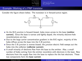 Device Physics
The Diode
The Transistor
Signals
Basic Circuits
Basics of the BJT
BJT Working Principle
Revision Quiz
Example- Working of a PNP transistor
Consider the figure shown below. The transistor is in forward-active region.
+
−
+
−
R1 R2
VEE VCC
As the B-E junction is forward biased, holes move across to the base (emitter
current). Since the base is narrow and lightly doped, the minority electron-hole
recombinations are less.
Due to the large carrier concentration gradient in the B-E region, majority of the
holes diffuse across the base into the C-B junction.
Since the C-B junction is reverse biased, the junction electric field sweeps out the
holes into the collector (collector current).
A small minority of electrons flow from the base to the emitter. Also, a small
number of holes coming from the emitter recombine with electrons in the base. New
electrons from the supply flow into the base to replace the the lost electrons. These
two components form the base current.
Debapratim Ghosh An Introduction to Basic Electronics 13/25
 
