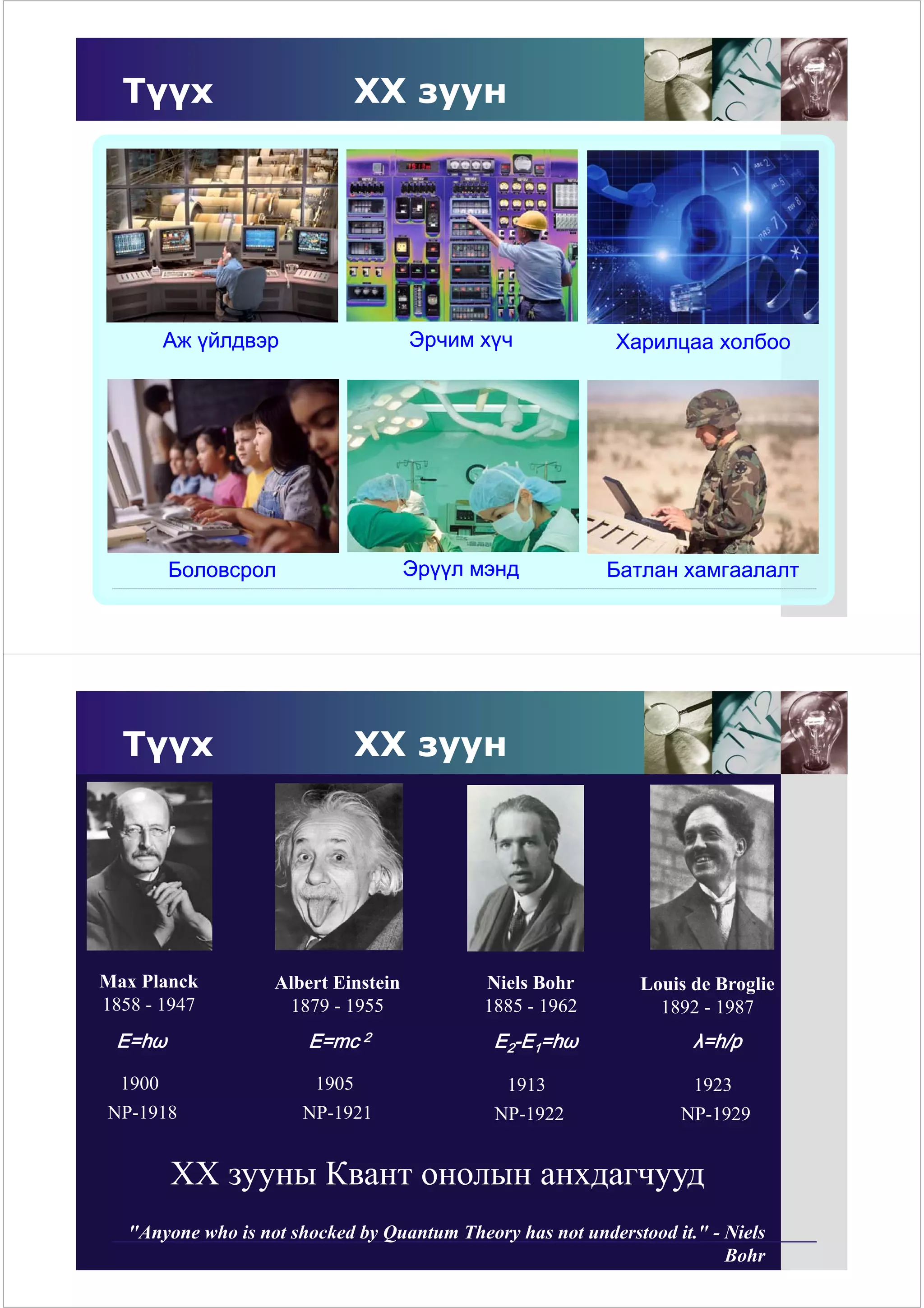 Түүх                       XХ зуун




         Аж үйлдвэр                   Эрчим хүч              Харилцаа холбоо




         Боловсрол                    Эрүүл мэнд            Батлан хамгаалалт




  Түүх                       XХ зуун




Max Planck          Albert Einstein          Niels Bohr         Louis d Broglie
                                                                L i de B li
1858 - 1947          1879 - 1955             1885 - 1962          1892 - 1987
 E=hω                   E=mc 2                E2-E1=hω                λ=h/p

  1900                   1905                   1913                  1923
NP-1918                NP-1921                NP-1922               NP-1929


         ХХ зууны Квант онолын анхдагчууд
   "Anyone who is not shocked by Quantum Theory has not understood it." - Niels
                                                                          Bohr
 