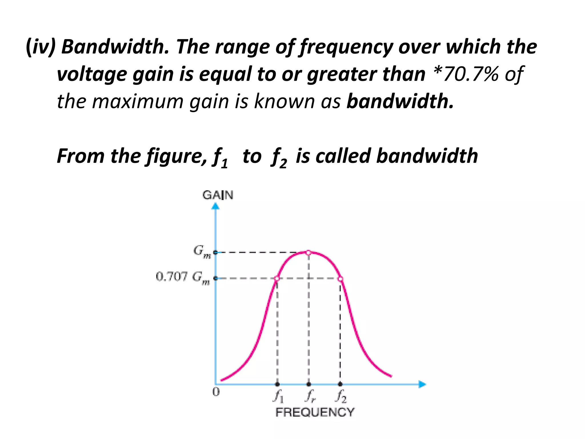 (iv) Bandwidth. The range of frequency over which the
voltage gain is equal to or greater than *70.7% of
the maximum gain is known as bandwidth.
From the figure, f1 to f2 is called bandwidth
 