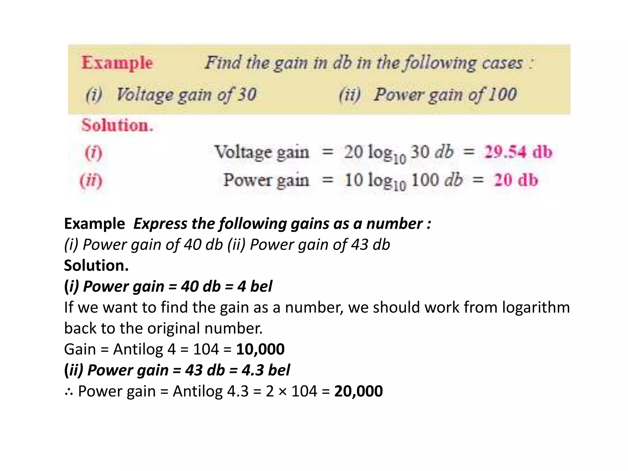 Example Express the following gains as a number :
(i) Power gain of 40 db (ii) Power gain of 43 db
Solution.
(i) Power gain = 40 db = 4 bel
If we want to find the gain as a number, we should work from logarithm
back to the original number.
Gain = Antilog 4 = 104 = 10,000
(ii) Power gain = 43 db = 4.3 bel
∴ Power gain = Antilog 4.3 = 2 × 104 = 20,000
 
