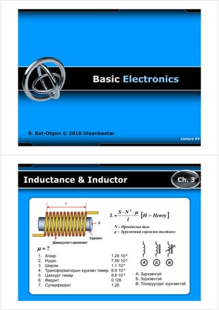 Basic Electronics




B. Bat-Otgon © 2010 Ulaanbaatar
                                                                           Lecture #4




Inductance & Inductor                                                      Ch. 3




                                           S⋅N2⋅μ
                                        L=        [H − Henry ]
                                             l
                                         N – Ороодосын тоо
                                         μ – Зүрхэвчний соронзон тогтмол



   μ =?
   1.   Агаар                           1.26·10-6
   2.   Нүүрс                           7.56·10-5
   3.   Ширэм                           1.1 10
                                        1.1·10-4
   4.   Трансформаторын зүрхэвч төмөр   6.9·10-3
   5.   Цахиурт төмөр                   8.8·10-3    А. Зүрхэвчгүй
   6.   Феррит                          0.126       Б. Зүрхэвчтэй
   7.
   7    Суперферрит
        С     ф                         1.26
                                        1 26        В.
                                                    В Тохируулдаг зүрхэвчтэй
 