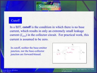 © 2012 Pearson Education. Upper Saddle River, NJ, 07458.
All rights reserved.
Electronic Devices, 9th edition
Thomas L. Floyd
Cutoff
Summary
Summary
In a BJT, cutoff is the condition in which there is no base
current, which results in only an extremely small leakage
current (ICEO) in the collector circuit. For practical work, this
current is assumed to be zero.
IB =0 –
+
–
+
ICEO
RC
VCC
VCE ≅VCC
RB
In cutoff, neither the base-emitter
junction, nor the base-collector
junction are forward-biased.
 