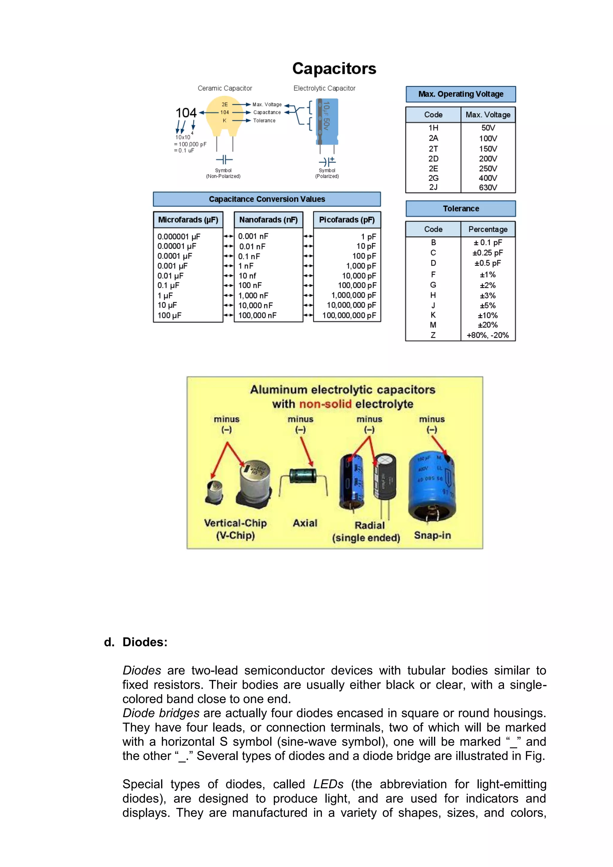 d. Diodes:
Diodes are two-lead semiconductor devices with tubular bodies similar to
fixed resistors. Their bodies are usually either black or clear, with a single-
colored band close to one end.
Diode bridges are actually four diodes encased in square or round housings.
They have four leads, or connection terminals, two of which will be marked
with a horizontal S symbol (sine-wave symbol), one will be marked “_” and
the other “_.” Several types of diodes and a diode bridge are illustrated in Fig.
Special types of diodes, called LEDs (the abbreviation for light-emitting
diodes), are designed to produce light, and are used for indicators and
displays. They are manufactured in a variety of shapes, sizes, and colors,
 
