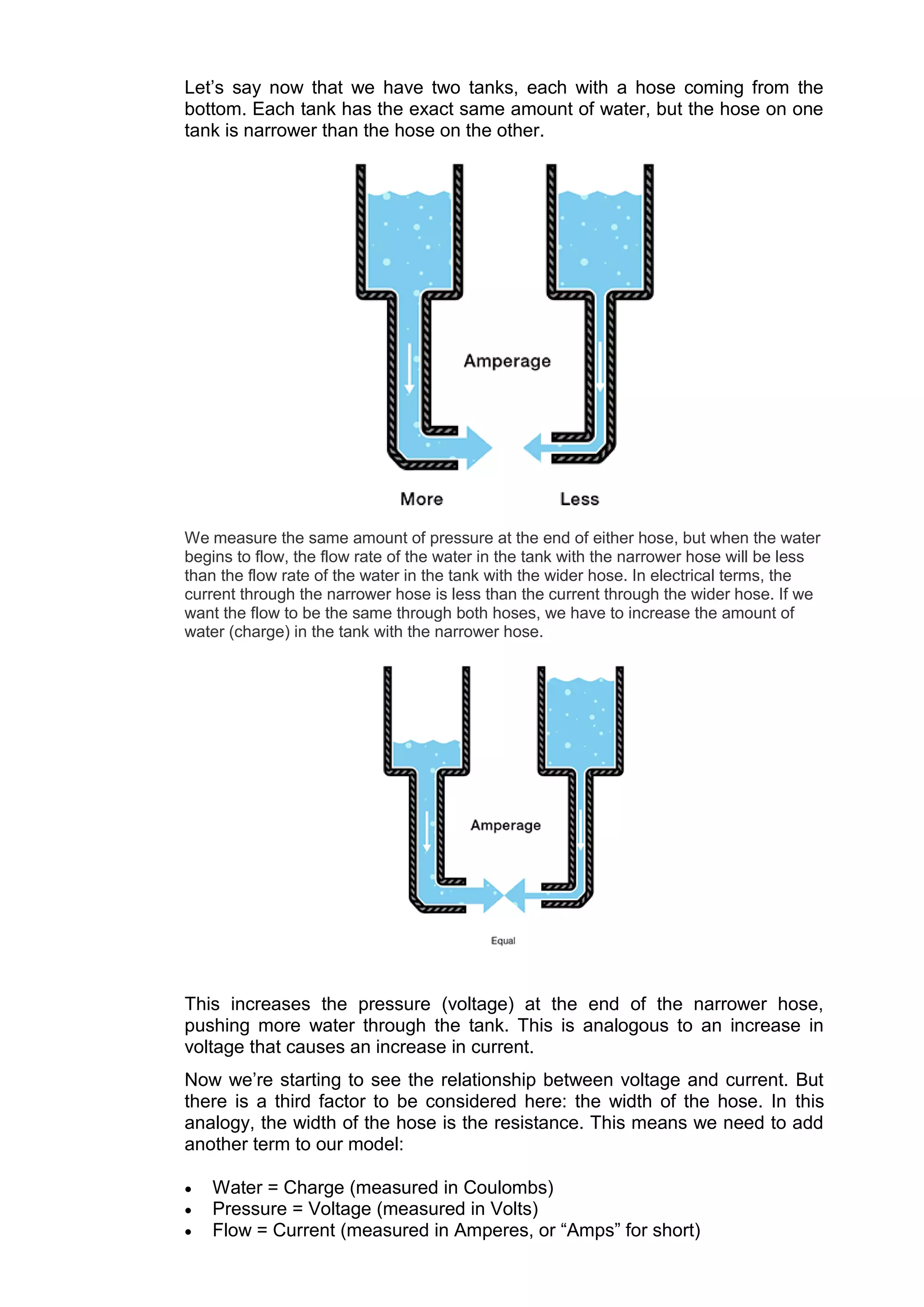 Let’s say now that we have two tanks, each with a hose coming from the
bottom. Each tank has the exact same amount of water, but the hose on one
tank is narrower than the hose on the other.
We measure the same amount of pressure at the end of either hose, but when the water
begins to flow, the flow rate of the water in the tank with the narrower hose will be less
than the flow rate of the water in the tank with the wider hose. In electrical terms, the
current through the narrower hose is less than the current through the wider hose. If we
want the flow to be the same through both hoses, we have to increase the amount of
water (charge) in the tank with the narrower hose.
This increases the pressure (voltage) at the end of the narrower hose,
pushing more water through the tank. This is analogous to an increase in
voltage that causes an increase in current.
Now we’re starting to see the relationship between voltage and current. But
there is a third factor to be considered here: the width of the hose. In this
analogy, the width of the hose is the resistance. This means we need to add
another term to our model:
 Water = Charge (measured in Coulombs)
 Pressure = Voltage (measured in Volts)
 Flow = Current (measured in Amperes, or “Amps” for short)
 