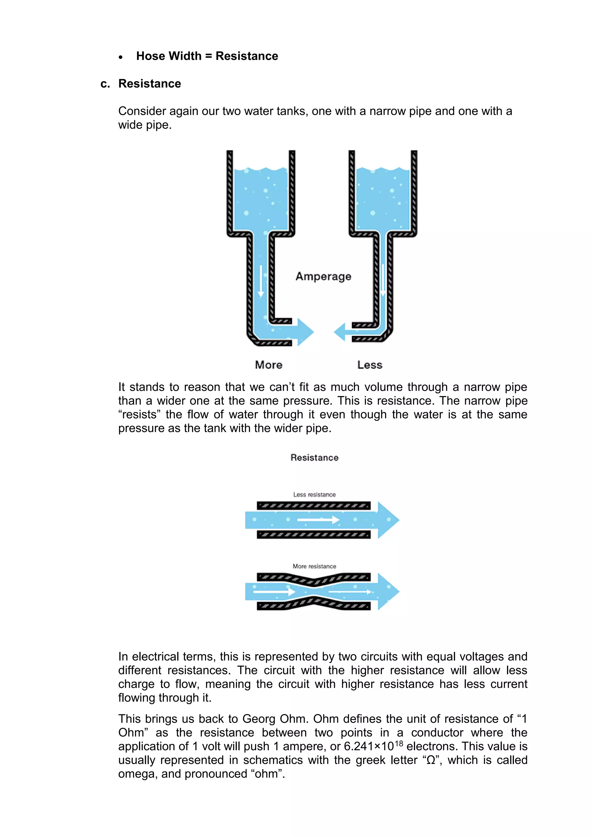 Hose Width = Resistance
c. Resistance
Consider again our two water tanks, one with a narrow pipe and one with a
wide pipe.
It stands to reason that we can’t fit as much volume through a narrow pipe
than a wider one at the same pressure. This is resistance. The narrow pipe
“resists” the flow of water through it even though the water is at the same
pressure as the tank with the wider pipe.
In electrical terms, this is represented by two circuits with equal voltages and
different resistances. The circuit with the higher resistance will allow less
charge to flow, meaning the circuit with higher resistance has less current
flowing through it.
This brings us back to Georg Ohm. Ohm defines the unit of resistance of “1
Ohm” as the resistance between two points in a conductor where the
application of 1 volt will push 1 ampere, or 6.241×1018 electrons. This value is
usually represented in schematics with the greek letter “Ω”, which is called
omega, and pronounced “ohm”.
 