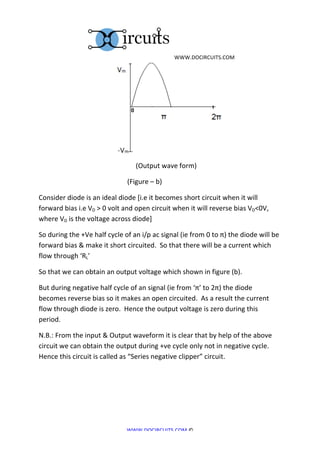  	
  WWW.DOCIRCUITS.COM	
  




	
  	
  	
  	
  	
  	
  	
  	
  	
  	
  	
  	
  	
  	
  	
  	
  	
  	
  	
  	
  	
  	
  	
  	
  	
  	
  	
  	
  	
  	
  	
  	
  	
  	
  	
  	
  	
  	
  	
  	
  	
  	
  	
  	
                                                                                      	
  
	
  	
  	
  	
  	
  	
  	
  	
  	
  	
  	
  	
  	
  	
  	
  	
  	
  	
  	
  	
  	
  	
  	
  	
  	
  	
  	
  	
  	
  	
  	
  	
  	
  	
  	
  	
  	
  	
  	
  	
  	
  	
  	
  	
  	
  	
  	
  	
  	
  	
  	
  	
  	
  	
  	
  	
  	
  (Output	
  wave	
  form)	
  

	
  	
  	
  	
  	
  	
  	
  	
  	
  	
  	
  	
  	
  	
  	
  	
  	
  	
  	
  	
  	
  	
  	
  	
  	
  	
  	
  	
  	
  	
  	
  	
  	
  	
  	
  	
  	
  	
  	
  	
  	
  	
  	
  	
  	
  	
  	
  	
  	
  	
  	
  	
  (Figure	
  –	
  b)	
  

Consider	
  diode	
  is	
  an	
  ideal	
  diode	
  [i.e	
  it	
  becomes	
  short	
  circuit	
  when	
  it	
  will	
  
forward	
  bias	
  i.e	
  VD	
  >	
  0	
  volt	
  and	
  open	
  circuit	
  when	
  it	
  will	
  reverse	
  bias	
  VD<0V,	
  
where	
  VD	
  is	
  the	
  voltage	
  across	
  diode]	
  

So	
  during	
  the	
  +Ve	
  half	
  cycle	
  of	
  an	
  i/p	
  ac	
  signal	
  (ie	
  from	
  0	
  to	
  π)	
  the	
  diode	
  will	
  be	
  
forward	
  bias	
  &	
  make	
  it	
  short	
  circuited.	
  	
  So	
  that	
  there	
  will	
  be	
  a	
  current	
  which	
  
flow	
  through	
  ‘RL’	
  

So	
  that	
  we	
  can	
  obtain	
  an	
  output	
  voltage	
  which	
  shown	
  in	
  figure	
  (b).	
  

But	
  during	
  negative	
  half	
  cycle	
  of	
  an	
  signal	
  (ie	
  from	
  ‘π’	
  to	
  2π)	
  the	
  diode	
  
becomes	
  reverse	
  bias	
  so	
  it	
  makes	
  an	
  open	
  circuited.	
  	
  As	
  a	
  result	
  the	
  current	
  
flow	
  through	
  diode	
  is	
  zero.	
  	
  Hence	
  the	
  output	
  voltage	
  is	
  zero	
  during	
  this	
  
period.	
  

N.B.:	
  From	
  the	
  input	
  &	
  Output	
  waveform	
  it	
  is	
  clear	
  that	
  by	
  help	
  of	
  the	
  above	
  
circuit	
  we	
  can	
  obtain	
  the	
  output	
  during	
  +ve	
  cycle	
  only	
  not	
  in	
  negative	
  cycle.	
  	
  
Hence	
  this	
  circuit	
  is	
  called	
  as	
  “Series	
  negative	
  clipper”	
  circuit.	
  

	
  

	
  

	
  


                                                                                                                                                                                   WWW.DOCIRCUITS.COM	
  ©	
  
 