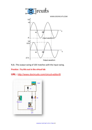  	
  WWW.DOCIRCUITS.COM	
  




	
  	
  	
  	
  	
  	
  	
  	
  	
  	
  	
  	
  	
  	
  	
  	
  	
  	
  	
  	
  	
  	
  	
  	
  	
  	
                                            	
  	
  	
  	
  	
  	
  	
  	
  	
  	
  	
  	
  	
  	
  	
  	
  	
  	
  
N.B.:	
  The	
  output	
  swing	
  of	
  10V	
  matches	
  with	
  the	
  input	
  swing.	
  

Practice	
  :	
  Try	
  this	
  out	
  in	
  the	
  virtual	
  lab	
  

URL	
  :	
  http://www.docircuits.com/circuit-editor/8




                                                                                                           WWW.DOCIRCUITS.COM	
  ©	
  
 