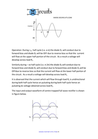  	
  WWW.DOCIRCUITS.COM	
  




	
  	
  	
  	
  	
  	
  	
  	
  	
  	
  	
  	
  	
  	
  	
  	
  	
  	
  	
  	
  	
  	
  	
  	
  	
  	
  	
  	
  	
  	
                                          	
  
	
  

Operation:	
  During	
  +ve	
  	
  half	
  cycle	
  (i.e.	
  o-­‐π)	
  the	
  diode	
  D1	
  will	
  conduct	
  due	
  to	
  
forward	
  bias	
  and	
  diode	
  D2	
  will	
  be	
  OFF	
  due	
  to	
  reverse	
  bias	
  so	
  that	
  the	
  	
  current	
  
will	
  flow	
  at	
  the	
  upper	
  half	
  portion	
  of	
  the	
  circuit.	
  	
  As	
  a	
  result	
  a	
  voltage	
  will	
  
develop	
  across	
  load	
  RL.	
  

Similarly	
  during	
  –	
  ve	
  half	
  cycle	
  (i.e.	
  π-­‐2π)	
  the	
  diode	
  D2	
  will	
  conduct	
  due	
  to	
  
forward	
  bias	
  and	
  diode	
  D1	
  will	
  conduct	
  due	
  to	
  forward	
  bias	
  and	
  diode	
  D1	
  will	
  be	
  
OFFdue	
  to	
  reverse	
  bias	
  so	
  that	
  the	
  current	
  will	
  flow	
  at	
  the	
  lower	
  half	
  portion	
  of	
  
the	
  circuit.	
  	
  As	
  a	
  result	
  a	
  voltage	
  will	
  develop	
  across	
  load	
  RL.	
  

It	
  is	
  observed	
  that	
  the	
  current	
  which	
  will	
  flow	
  through	
  load	
  RL	
  is	
  unidirectional	
  
during	
  both	
  half	
  cycle	
  hence	
  an	
  pulsating	
  during	
  both	
  half	
  cycle	
  hence	
  an	
  
pulsating	
  dc	
  voltage	
  obtained	
  across	
  load	
  RL.	
  

The	
  input	
  and	
  output	
  waveform	
  of	
  centre	
  trapped	
  full	
  wave	
  rectifier	
  is	
  shown	
  
in	
  figure	
  below.	
  




	
  	
  	
  	
  	
  	
  	
  	
  	
  	
  	
  	
  	
  	
  	
  	
  	
  	
  	
  	
  	
  	
                                                                   	
  


                                                                                                                           WWW.DOCIRCUITS.COM	
  ©	
  
 
