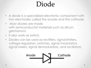 Diode
• A diode is a specialized electronic component with
two electrodes called the anode and the cathode.
• Most diodes are made
with semiconductor materials such as silicon,
germanium.
• It also work as switch.
• Diodes can be used as rectifiers, signal limiters,
voltage regulators, switches, signal modulators,
signal mixers, signal demodulators, and oscillators.
 