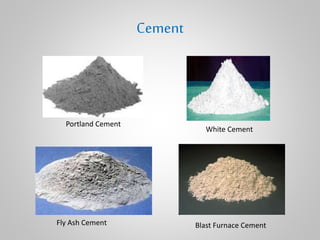 Cement
Portland Cement
White Cement
Fly Ash Cement Blast Furnace Cement
 