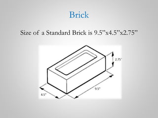 Brick
Size of a Standard Brick is 9.5”x4.5”x2.75”
 
