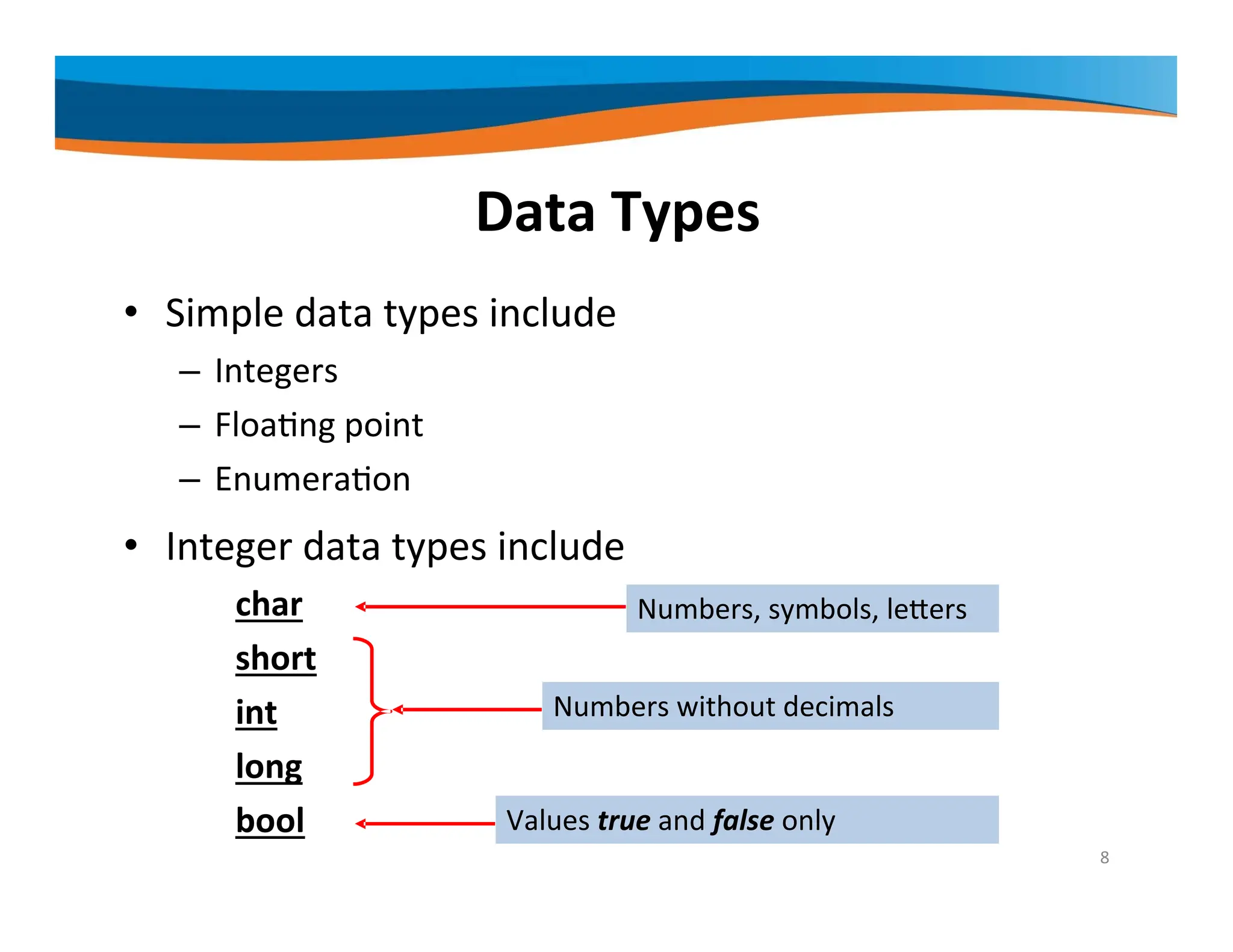 Data Types • Simple data types include – Integers – Floating point – Enumeration • Integer data types include char short int long bool Numbers, symbols, letters Values true and false only 8 Numbers without decimals 