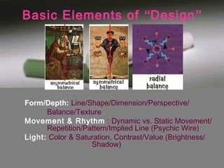 Basic Elements of “Design”




Form/Depth: Line/Shape/Dimension/Perspective/
      Balance/Texture
Movement & Rhythm : Dynamic vs. Static Movement/
      Repetition/Pattern/Implied Line (Psychic Wire)
Light: Color & Saturation, Contrast/Value (Brightness/
                   Shadow)
 