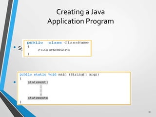 Creating a Java
Application Program
• Syntax of a class:
• Syntax of the main method:
36
 