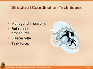 Copyright © Houghton Mifflin Company. All rights reserved. 11 - 27
Structural Coordination Techniques
• Managerial hierarchy.
• Rules and
procedures.
• Liaison roles.
• Task force.
 