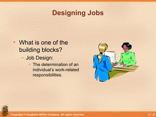 Copyright © Houghton Mifflin Company. All rights reserved. 11 - 8
Designing Jobs
• What is one of the
building blocks?
– Job Design:
• The determination of an
individual’s work-related
responsibilities.
 