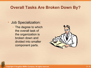 Copyright © Houghton Mifflin Company. All rights reserved. 11 - 9
Overall Tasks Are Broken Down By?
• Job Specialization:
– The degree to which
the overall task of
the organization is
broken down and
divided into smaller
component parts.
 