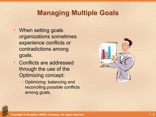 Copyright © Houghton Mifflin Company. All rights reserved. 7 - 8
Managing Multiple Goals
• When setting goals
organizations sometimes
experience conflicts or
contradictions among
goals.
• Conflicts are addressed
through the use of the
Optimizing concept:
– Optimizing: balancing and
reconciling possible conflicts
among goals.
 