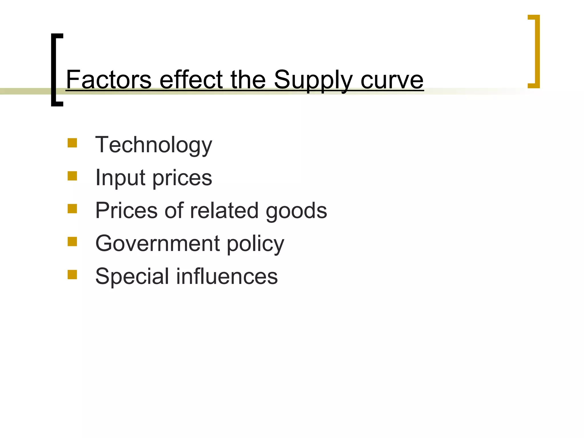Technology  Input prices Prices of related goods Government policy Special influences  Factors effect the Supply curve 