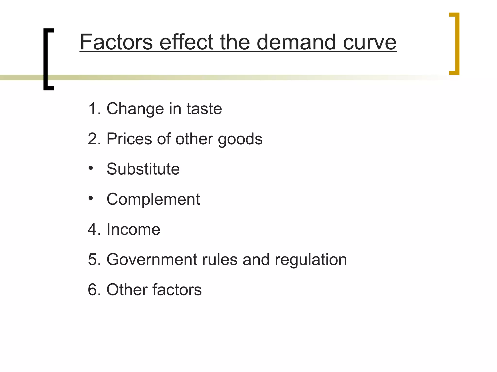 Factors effect the demand curve Change in taste  Prices of other goods  Substitute Complement  4. Income 5. Government rules and regulation 6. Other factors  