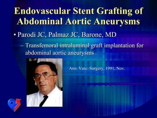 • Parodi JC, Palmaz JC, Barone, MD
– Transfemoral intraluminal graft implantation for
abdominal aortic aneurysms
Ann. Vasc. Surgery, 1991, Nov.
Endovascular Stent Grafting of
Abdominal Aortic Aneurysms
 