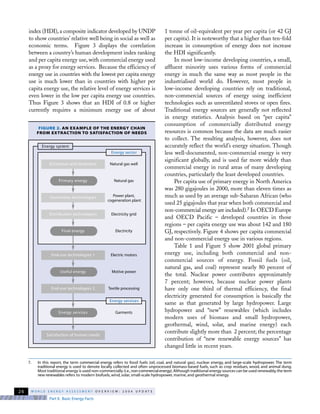 index (HDI), a composite indicator developed by UNDP
to show countries’ relative well being in social as well as
economic terms. Figure 3 displays the correlation
between a country’s human development index ranking
and per capita energy use, with commercial energy used
as a proxy for energy services. Because the efficiency of
energy use in countries with the lowest per capita energy
use is much lower than in countries with higher per
capita energy use, the relative level of energy services is
even lower in the low per capita energy use countries.
Thus Figure 3 shows that an HDI of 0.8 or higher
currently requires a minimum energy use of about
1 tonne of oil-equivalent per year per capita (or 42 GJ
per capita). It is noteworthy that a higher than ten-fold
increase in consumption of energy does not increase
the HDI significantly.
In most low-income developing countries, a small,
affluent minority uses various forms of commercial
energy in much the same way as most people in the
industrialised world do. However, most people in
low-income developing countries rely on traditional,
non-commercial sources of energy using inefficient
technologies such as unventilated stoves or open fires.
Traditional energy sources are generally not reflected
in energy statistics. Analysis based on “per capita”
consumption of commercially distributed energy
resources is common because the data are much easier
to collect. The resulting analysis, however, does not
accurately reflect the world’s energy situation. Though
less well-documented, non-commercial energy is very
significant globally, and is used far more widely than
commercial energy in rural areas of many developing
countries, particularly the least developed countries.
Per capita use of primary energy in North America
was 280 gigajoules in 2000, more than eleven times as
much as used by an average sub-Saharan African (who
used 25 gigajoules that year when both commercial and
non-commercial energy are included).7 In OECD Europe
and OECD Pacific – developed countries in those
regions – per capita energy use was about 142 and 180
GJ, respectively. Figure 4 shows per capita commercial
and non-commercial energy use in various regions.
Table 1 and Figure 5 show 2001 global primary
energy use, including both commercial and non-
commercial sources of energy. Fossil fuels (oil,
natural gas, and coal) represent nearly 80 percent of
the total. Nuclear power contributes approximately
7 percent; however, because nuclear power plants
have only one third of thermal efficiency, the final
electricity generated for consumption is basically the
same as that generated by large hydropower. Large
hydropower and “new” renewables (which includes
modern uses of biomass and small hydropower,
geothermal, wind, solar, and marine energy) each
contribute slightly more than 2 percent; the percentage
contribution of “new renewable energy sources” has
changed little in recent years.
Part II. Basic Energy Facts
W O R L D E N E R G Y A S S E S S M E N T O V E R V I E W : 2 0 0 4 U P D A T E26
FIGURE 2. AN EXAMPLE OF THE ENERGY CHAIN
FROM EXTRACTION TO SATISFACTION OF NEEDS
Energy services
Extraction and treatment
Primary energy Natural gas
Conversion technologies Power plant,
cogeneration plant
Distribution technologies Electricity grid
Final energy Electricity
Useful energy Motive power
End-use technologies 1 Electric motors
End-use technologies 2
Satisfaction of human needs
Textile processing
Garments
Energy sector
Energy system
Natural gas well
Energy services
———————————————————————————————————————————————————————————————————
7. In this report, the term commercial energy refers to fossil fuels (oil, coal, and natural gas), nuclear energy, and large-scale hydropower. The term
traditional energy is used to denote locally collected and often unprocessed biomass-based fuels, such as crop residues, wood, and animal dung.
Most traditional energy is used non-commercially (i.e.,non-commercialenergy).Although traditional energy sources can be used renewably,the term
new renewables refers to modern biofuels, wind, solar, small-scale hydropower, marine, and geothermal energy.
 