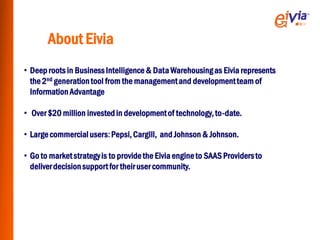 About Eivia
• Deep roots in Business Intelligence & Data Warehousing as Eivia represents
  the 2nd generation tool from the management and development team of
  Information Advantage

• Over $20 million invested in development of technology, to-date.

• Large commercial users: Pepsi, Cargill, and Johnson & Johnson.

• Go to market strategy is to provide the Eivia engine to SAAS Providers to
  deliver decision support for their user community.
 