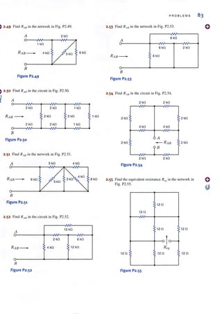 ) 2.49 Find RJlY in the network in Fig. P2.49.
A 2 kfl
1 kfl
4kfl 3 kfl 6 kfl
B
Figure P2.49
) 2.50 Find RA8 in the circuit in Fig. P2.50.
, A
o---~~--~~~--~~~--~
2 kfl 2 kfl 1 kfl
2 kfl 2 kfl
2kfl 2 kfl 1 kfl
B
Figure P2.50
2.51 Find RA8 in the network in Fig. P2.5 !.
A 5 kfl 4 kfl
3 kfl
B
Figure P2.51
2.52 Find R AY in the circuit in Fig. P2.52.
A
12 kfl
2 kfl 6 kfl
RAB - 4 kfl 12 kfl
B
Figure P2.52
1 kfl
8 kfl
PROBLEMS 83
2.53 Find R'III in the network in Fig. P2.53.
A
6 kfl
6 kfl
6kfl
B
Figure P2.53
2.54 Find R AY in the circuit in Fig. P2.54.
2 kfl
2 kfl
4 kfl
2 kfl
2k!1
Figure P2.54
2 kfl
4 kfl
A
- RAB
1B
2kfl
2 kfl
2 kfl
2 kfl
2.55 Find the equivalent resistance R ('q in the network in
Fig. P2.55.
12 fl
12 fl
12 fl 12 fl
10-Req
12 fl 12 !1 12 fl
Figure P2.55
 