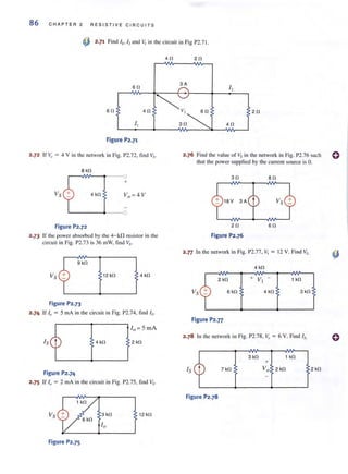 86 C H APTER 2 RES I S TI VE C I RCUITS
~ 2·71 Find 'I>'2and Vi in the circuit in Fig P2.7!.
40 20
60
3A
I,
60
~-
v~~
40
I,
Figure P2.71
2.72 If Vo = 4 V in the network in Fig. P2.72, find Vs.
8 kO
+
Vs 4 kO
~---4---O
Figure P2.72
2.73 Ir the power absorbed by the 4- kfl resistor in the
circuit in Fig. P2.?3 is 36 mW, find Vs.
9 kO
12 kO 4kO
Figure P2.73
2.74 If 10 = 5 rnA in the circuit in Fig. P2.74, find Is-
10 = 5 rnA
4 kO 2 kO
Figure P2.74
2.75 If I" = 2 rnA in the circui t in Fig. P2.75, find ~"
12 kO
6 kO
Figure P2.75
20
30 40
2.76 Find the value of Vs in the network in Fig. P2.76 such
that the power supplied by the current source is O.
30
20
Figure P2.76
80
60
2.n In the network in Fig. P2.??, VI = 12 V. Find Vs.
4 kO
2 kO 1 kO
6kO 4 kO 3kO
Figure P2.77
2.78 In the network in Fig. P2.78, ~J = 6 V. Find Is.
3 kO 1 kO
+
IS 7 kO Vo 2kO
Figure P2.78
2 kO
(}
 