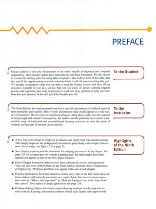 Circuit analysis is not only fundamental 10 the enti re breadth of electrical and computer
engineering- the concepts studied here extend far beyond those boundaries. For this reason
it remains the starting point for many future engineers who wish to work in this field. The
text and all the supplementary materials associated with it will aid you in reaching this goal.
We strongly recommend while you are here to read the Preface closely and view all the
resources available to you as a learner. And one last piece of advice, learning requires
practice and repetition. take every opportunity to work one more problem or study one more
hour than you planned. In the end. you·1I be thankful you did.
The Ninth Edition has been prepared based on a careful examination of feedback received
from instructors and students. The revisions and changes made should appeal to a wide vari-
ety of instructors. We are aware of significant changes taking place in the way this material
is being taught and learned. Consequently, the authors and the publisher have created a for-
midable array of traditional and non-traditional learning resources to meet the needs of
students and teachers of modern circuit analysis.
• A new four-color design is employed to enhance and clarify both text and illustrations.
This sharply improves the pedagogical presentation, particularly with complex illustra-
tions. For example, see Figure 2.5 on page 29.
• New chapter previews provide moti vation for studying the material in the chapter. See
page 758 for a chapter preview sample. Learning goals for each chapter have been
updated and appear as pan of the new Chapter openers.
• End-of-chapter homework problems have been substantially revised and augmented.
There are now over 1200 problems in the Ninth Edition! Multiple-choice Fundamentals
of Engineering (FE) Exam problems now appear at the end of each chapter.
• Practical applications have been added for nearly every topic in the text. Since these are
items sllldenlS will naturally encounter on a regular basis, they serve 10 answer ques-
tions such as, "Why is this important?" or " How am I going to use what I learn from
this course?" For a typical example application, see page 338.
• Problem-Solving Videos have been created showing students step-by-step how to
solve selected Learning Assessment problems within each chapter and supplemental
PREFACE
To the Student
To the
Instructor
Highlights
of the Ninth
Edition
 