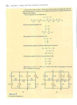 114 CHAP T ER 3 NODA L AND LOOP ANALYSIS T ECHNIOUES
+
V, 1 kfl 1 kfl
1 kfl
12V
F
. h.
tgure 3.17 :
+
The network is redrawn in Fig. 3. 17b in order to label the nodes and identify the supemode.
Since the network hassix nodes, five lincar independent equationsare needed to determine the
unknown node voltages.
The two equations for the supemode are
V, - V.= - 6
V, - 12 V - V V, - V, V, V, - V,--'-__ + _,__, + 1 / + - -- + - + - -- = 0
Ik Ik - .' Ik Ik Ik
The three remaining equations arc
v, = 12
V3 = 2~,
VS- V.l Vs
- -- + - = 2/
Ik Ik '
The equations for the control parameters are
~f = VI - 12
V,
/ = -
., Ik
Combining these equations yields the following set of equations
- 2V, + 5V, - V, = - 36
V,- V, =-6
- 3V, + 2V, = 0
Solving these equations by any convenient means yields
V. =-38 V
V, = - 32V
V, = - 48 V
Then since I. = ? I I. = - IOOV / 's - 48 A Th ·ct . .'. . 3 - .f! 3 . 0 1. m. e rea er IS encouraged 10 venfy that
KCL ,s sallsfied at every node.
VI
+
6V
~ V,. 1 kfl 1 kfl
21T
1 krl
V2
1 kfl V3
1 kfl 1 kil 1 krl
1 krl 1 kfl 12 V + 1 krl 1 kfl
I, Io
2V,
I, 10
~ ~
(a) (b)
Circuit used in Example 3.11.
 