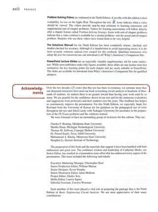 xviii PREFACE
Acknowledg-
ments
Problem-SolvingVideos are conlinued in Ihe Nimh Edilion. A novelty with Ihis edilion is Iheir
availability for use on the Apple iPod. Throughout the text i icons indicate when a video
should be viewed. The videos provide step-by-step solutions to learning extensions and
supplemental end-of-chapter problems. Videos for learning assessments will follow directly
after a chapter feat ure called Problem-Solving Strategy. Icons with end-oF-chapter problems
indicate that a video solution is avai lable for a similar problem-not the actual end-or-chapter
problem. Students who use these videos have found them to be very helpful.
The Solutions Manual for the Nimh Edilion has been complelely redone. checked, and
double-checked for accuracy. Allhaugh it is handwritten to avoid typesetting errors, it is the
111051 accurate solutions manual ever created for this textbook. Qualified instructors who
adopt the lext for classroom use can download it off' Wiley's Instructor's Companion Site.
PowerPoint Lecture Slides are an especially valuable supplementary aid for so me instruc-
tors. While 1110st publishers make only figures available, these slides are true lecture tools that
summarize the key learning points fo r each chapter and are easily editable in PowerPoinl.
The slides are available for download from Wiley's Instruclor's Companion Sile for qualified
adoplers.
Over the two decades (25 years) that this text has been in existence, we estimate more than
one thousand instructors have used our book in teaching circuit analysis to hundreds of thou-
sands of students. As authors there is no greater reward than having your work used by so
many. We are grateful for the confidence shown in our text and for the numerous evaluations
and suggestions from professors and their students over the years. This feedback has helped
us continuollsly improve the presentation. For this Ni nth Edition, we especially thank Ji m
Rowland from the University of Kansas for his guidance on the pedagogical use of color
throughout the text and Aleck Leedy with Tuskegee University for assistance in the prepara-
tion of the FE Exam problems and the solutions manual.
We were fortunate 10 have an outstanding group of reviewers for this edition. They are:
Charles F. Bunli ng, Oklahoma State University
Manha Sloan, Michigan Technological University
Thomas M. Sullivan. Carnegie Mellon University
Dr. Prasad Enjeli, Texas A&M UniversilY
Muhammad A. Khaliq, Minnesota State University
Hongbi n Li, Slevens Instilute of Technology
The preparalion of Ihis book and the malerials Ihal supporl il have been handled wilh both
en thusiasm and great care. The combined wisdom and leadershi p of Catherine Shultz, our
Senior Editor. has resulted in a tremendous team effort lhat has addressed every aspect of the
presentation. This team included the following individuals:
Executive Marketing Manager, Christopher Ruel
Senior Production Editor, William Murray
Senior Designer, Kevi n Murphy
Senior 1I1ustralion Editor, Anna Melhorn
Projeci Editor, Gladys SOlO
Media Editor, Lauren Sapira
Editorial Assistant. Carolyn Weisman
Each member of this team played a vital role in preparing the package that is the Ninth
Edition of Basic Engineerillg Circuit Analysis. We are most appreciative of their many
contributions.
 