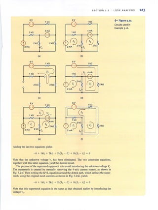SECTION 3 . 2
6V
1 kO
- + )-- --N>/'---,
1kO
4mA
2 kO 2 kO
(a)
6V
1 kO
- + )-- --N>/'---,
1 kO
2 kO 2 kO
(c)
6V
1 kO
- + )-- - -.fV>/'----,
to)2 mA 2 kO
(e)
r;::" mA
, 2;2kO
10
Adding the last two equations yields
1 kO
6V
-+}-- -NV'---,
1 kO
4 mA
t f0 f;;'~2kO ' ~ kO
2mA 10
(b)
6V
1 kO
-+
1 kO
4 mA
-
110 )2kO
0)
2 mA 10
(d)
6V
1 kO
-+,-- - - ._---- - - ----------
! G:'--- - - - - - - - - - - --,,,
1 kO
,,
0 )2kO
,
0)
,
II
,,,,,
2mA
,
10
,,
-----------
t
(I)
- 6 + 1kI3 + 2kI, + 2k(I, - I,) + lk(I3 - II) ~ 0
2 kO
2 kO
Note that the unknown voltage Vr has been eliminated. The two constraint equations,
together with this latter equation, yield the desired result.
The purpose of the supermesh approach is to avoid introducing the unknown voltage Vr"
The supermesh is created by mentally removing the 4-mA current source, as shown in
Fig. 3.24f. Then writing the KVL equation around the dotted path, which defines the super-
mesh, using the original mesh currents as shown in Fig. 3.24e, yields
-6 + 1kI3 + 2kI, + 2k(I, - II) + lk(I, - I, ) ~ 0
Note that this supermesh equation is the same as that obtained earlier by introducing the
voltage V,.
LOOP ANALYS I S
~•.• Figure 3.24
Circuits used in
Example 3.16.
123
 