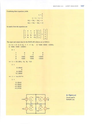Combining these equations yields
In matrix form the equations are
4
11
=-
k
I, + I, - I, = 0
Ik/, + 3k/, - 2k/, = 8
IkI, + I k/, - 2k/, = 12
4
-
k
o
8
12
The input and output data for the MATLAB solution are as follows:
SECT I ON 3.2 LOOP ANA L YSIS 127
» R = [1 0 0 0; 1 1 -1 0;
o 1000 1000 -2000)
o 1000 3000 -2000;
R =
0 0 0
-1 0
0 1000 3000 -2000
0 1000 1000 -2000
» V = [0.004; o. 8; 12),
V =
0 .0040
0
8.0000
12.0000
» I = in v( R)* V
I =
0.0040
-0.0060
- 0 . 0020
-0 . 0100
~M' Figure 3.27
8 2kB Vx Circuit used in
4mA 12 ~ 2k Example 3.19.
Vx - Ix
2 kO 1 kO
1kI ,
8 8 + 12 V
1 kO
 