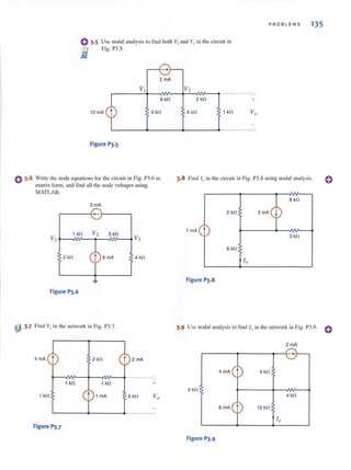 o 3.6
0 3.5 Usc nodal analysis to find both VI and V{} in the circuit ill
Fig. P3.S.
i
2 mA
VI V2
6kO 2 kO
12 mA 3kO 6 kO 1 kO
Figure P3.5
PROBLEM S 135
G
+
Vo
0
Write the node equntions for the circuit in Fig. P3.6 in
matrix form, and rind all the node voltages lIsing
MATLAB.
3.8 Find III in the circuit in Fig. P3.8 using nodal anal ysis.
8 kll
3 mA
.------{- } ----, 2 kll
1 mA t1kO V2 3kll
VI ~--~~~~~~--~ V3
3 kll
6 kll
2kO 6 mA 4 kll
Figure p).8
Figure p).6
o
~ 3.7 Find Y" in the network in Fig. P3.7. 3·9 Use nodal analysis 10 lind I" in the network in Fig. P3.9. 0
2 rnA
4 mA 2 kll
4 rnA
t 4 k[J
1 k[J 1 kO +
1 k[J t 1 rnA 2 k[J
2 kf]
4 kO
6 rnA
t 12 kO
10
Figure P).7
Figure P).9
 
