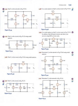 e 3·34 Find v" in the network in Fig. P3.34.
~
2 kfl + 6V 12V 1 kfl
2 kfl
+- 0
+
2V
2 kfl + 4V 1 kfl 1 kfl Vo
Figure 1'J.34
o 3·35 Find 10 in the circuit in Fig. P3.35 using nodal
analysis.
12 kfl
12 kfl 12 mA
Figure 1'J.35
12 kfl
10
3.36 Find Vo in the circuit in Fig. P3.36 using nodal analysis.
12V
r-~~--~~- +·~~·----~O
Vo +
2
1 kfl
2kfl
+
1 k!l
L-------~__------_+·-------O
Figure 1'J.36
0 3.37 Find Vo in the circuit in Fig. P3.37.
iii-- + 1 kD
Vx 1 kD
Figure 1'J.37
2V,
1000
0
+
1 k!l Vo
0
PROB L EMS 139
3.38 Use nodal analysis to find v" in the circuit in Fig. P3.3S. i
10 V,
+
12 mA
6 kfl
-+ +
12 kfl 4 kfl V, 8 kfl
-
o
Figure 1'J.38
3.39 Use nodal analysis to find v" in the circuit in Fig. P3.39. e
In addition, tind all branch currents and eheck your
answers using KCL at every node.
- +
12 kfl
20001,.
2 kfl +
6V 4 kfl 2 mA 4 kfl Vo
1,
------4-----~~----~---~r
Figure 1'J.39
3.40 Determine v" in the network in Fig. P3.40 using nodal
analysis.
21, j 1 kfl j 2 mA
Ix 1 kfl
0
1 kfl +
1 kfl 12V 1kfl Vo
0
Figure 1'J.40
3.41 Determine Vo in the network in Fig. P3.4!.
1 k!l 2 kfl 2V 1 kfl
2kfl
12V
-+
+
4mA
6mA 6V 2 kfl
t
L-----4-----~______~----~O
Figure 1'J.41
 