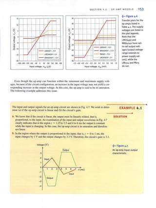 S ECTION 4 . 2 Q P-AMP M O DEL S 153
15
10
~ 5
",0
,; 0
~
0,
-5
"5
"-
"5
0 - 10
r~
V
7-[7
/ t?'
7
80
60
~ 40
",0 20
,;
C>
J!! 0
~
I
J
I / I
I J
V
"- - lM324@+'. 15V
II - - LM3240 +,. 15 V
~ -20
"5
0 -40 - - MAX4240@+/. 1.5V
- I5 - - LMC6492@·'. SV - - PA03@+'.75V
- - MAX4240@·'. 1.5 V
0-2 I
•• • •• LMC6492@+/. 5V
-80
-250 -200 -150 -100 -SO 0 50 100 150 200 250 - 1.0 -<I.a -<l.6 -<l.4 -<l.2 0.0 0.2 0.4 0.6 0.8 1.0
Input voltage, Vin (~V) Input vollage, Vin (mV)
Even though the op-amp can function within the minimum and maximum supply volt-
ages, because of the circuit configurmion, an increase in the input voltage may not yield a cor-
responding increase in the output voltage. In this case, the op-amp is said to be in saturation.
The following example addresses this issue.
The input and output signals for an op-amp circuit are shown in Fig. 4.7. We wish to deter-
mine (a) if the op-amp circuit is linear and (b) the circuit's gain.
~... Figure 4.6
Transfer plots for the
op-amps listed in
Table 4.1. The supply
voltages are listed in
the plot legends.
Note that the
LMC6492 and
MAX4240 have rail·
to-rail output volt-
ages (output voltage
range extends to
power supply val·
ues), while the
lM324 and PA03
do not.
EXAMPLE 4.1
•
a. We know that if the circuit is linear, the output must be linearly related, that is, SOLUTION
proportional, to the input. An examination of the input and output waveforms in Fig. 4.7
clearly indicates that in the region t = 1.25 to 2.5 and 4 to 6 ms the output is constant
while the input is changing. In this case. the op-amp circuit is in saturation and therefore
not linear.
b. In the region where the output is proponional to the input, that is, t = 0 to I ms, the
input changes by I V and the output changes by 3.3 V. Therefore, the circuit's gain is 3.3.
Voltage (V) ~... Figure 4.7
Output An op·amp input- output
characteristic.
2
-1
- 2
- 3
-4
•
 